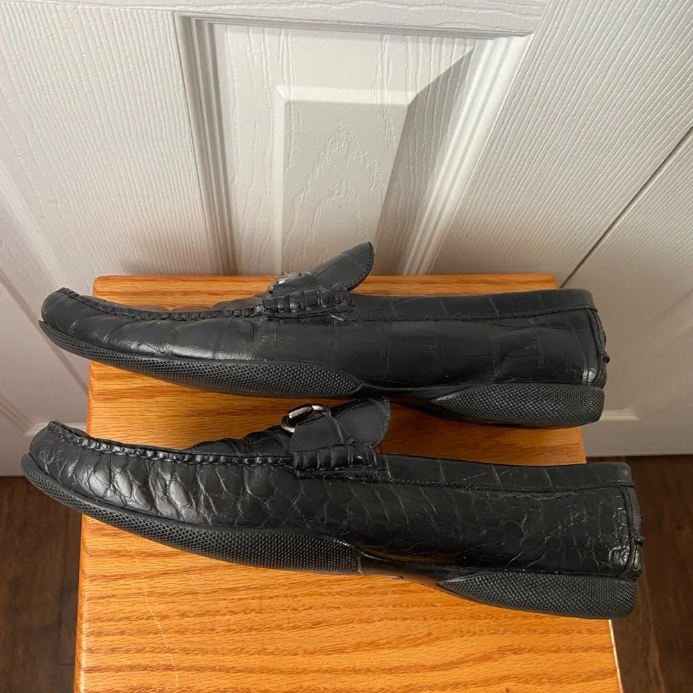 Peter Millar Black Croc Embossed Leather Horse Bit Driving Loafers SZ 12M